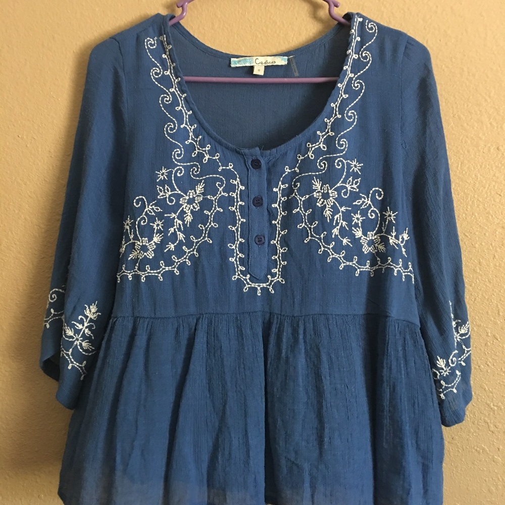 Cecico Blue Floral Stitched Blouse